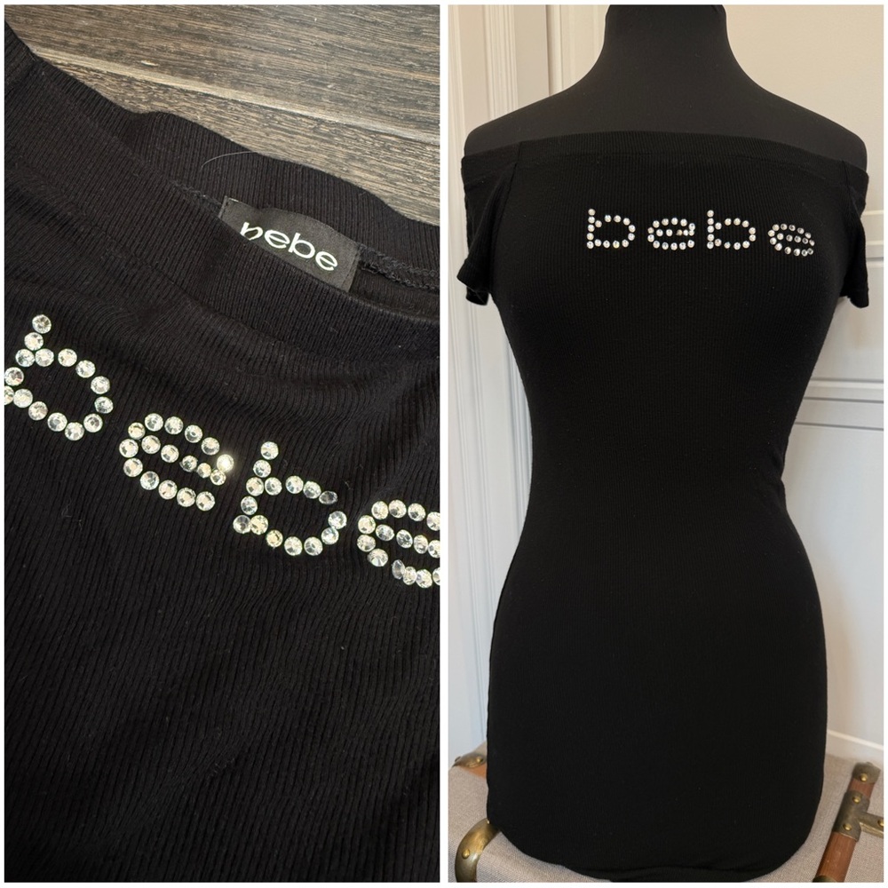 Y2K BEBE RIBBED OFF SHOULDER DRESS SIZE SMALL BLING CRYSTAL LOGO 2000s